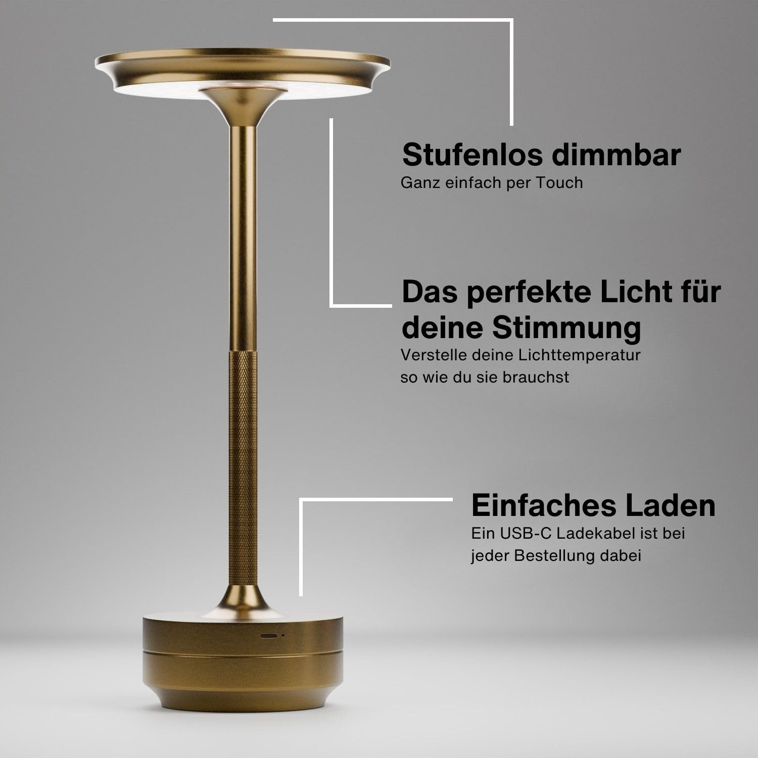 TAP Light Retro Tischlampe Gold Dimmbar I Aluminium Vintage Lampe mit modernem Design I 28cm Hoch Akku betrieben I Elegante Nachttischlampe egal für Wohnzimmer, Esszimmer& Schlafzimmer