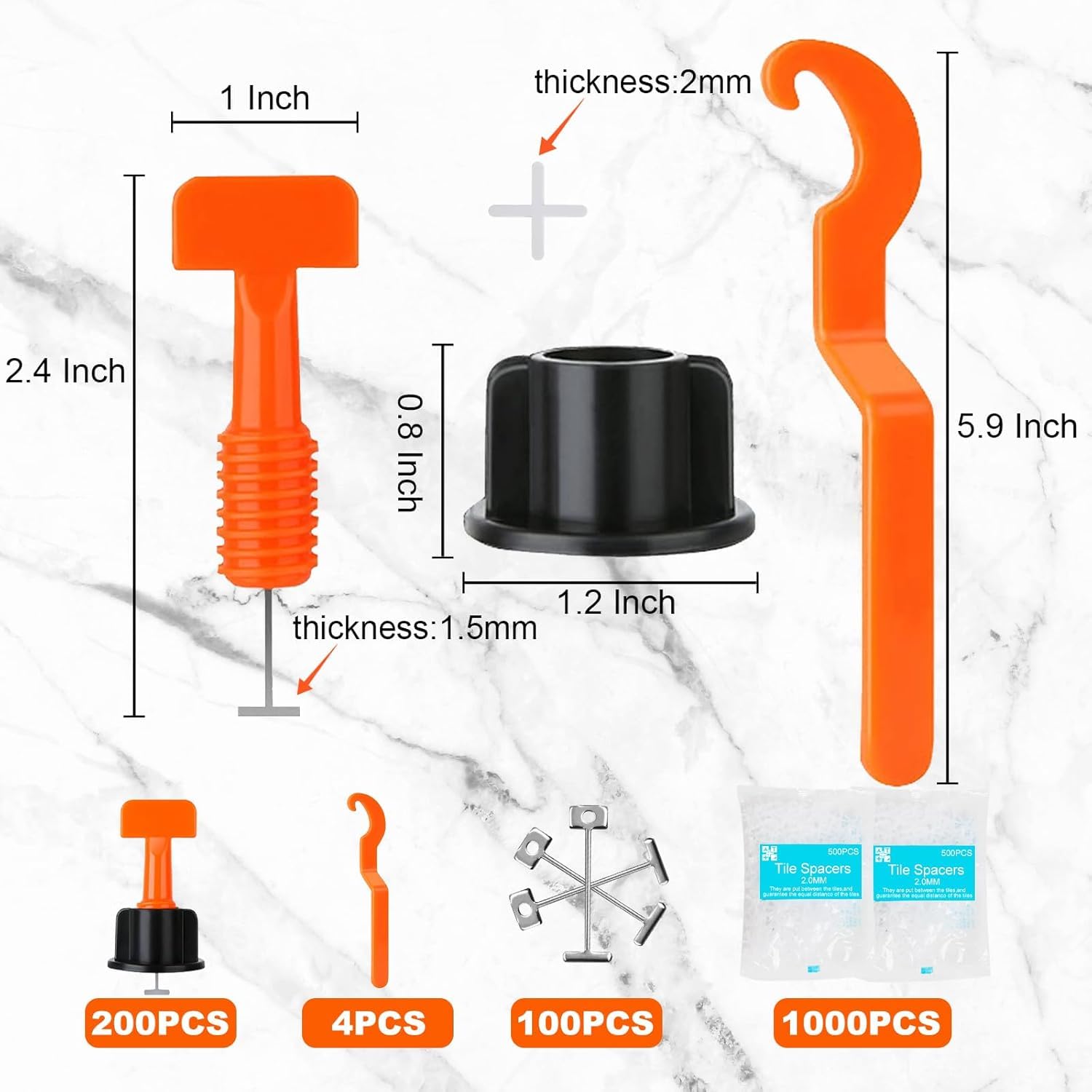 200 de Kit de Nivellement de Carrelage Réutilisable, Niveleur Cale Carrelage, Système pour Outils Construction Murs,1000 Croisillons de carrelage 2 mm, 4 Clés Spéciales et 100 Broches en Acier