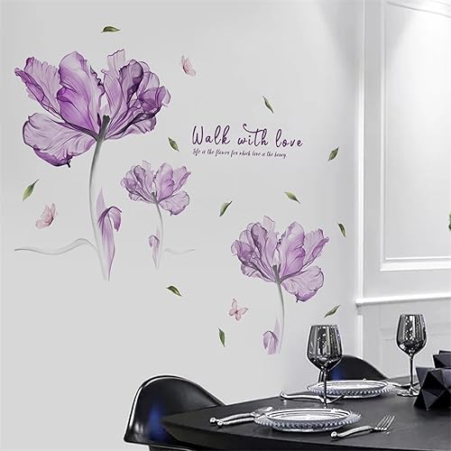 Miniatura 3 de Calcomanías de pared grandes con diseño de flores moradas estilo tinta, con texto en inglés "sacinora Quotes Saying Lotus", vinilo extraíble para