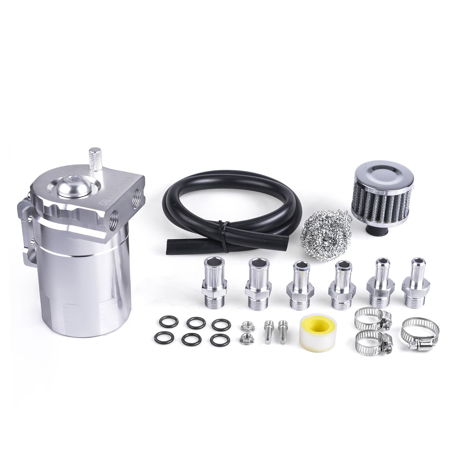 Universal 300ml Aluminum Baffled Oil Separator Catch Can Kit with Air Filter 10MM 12MM 15MM Fitting Silver