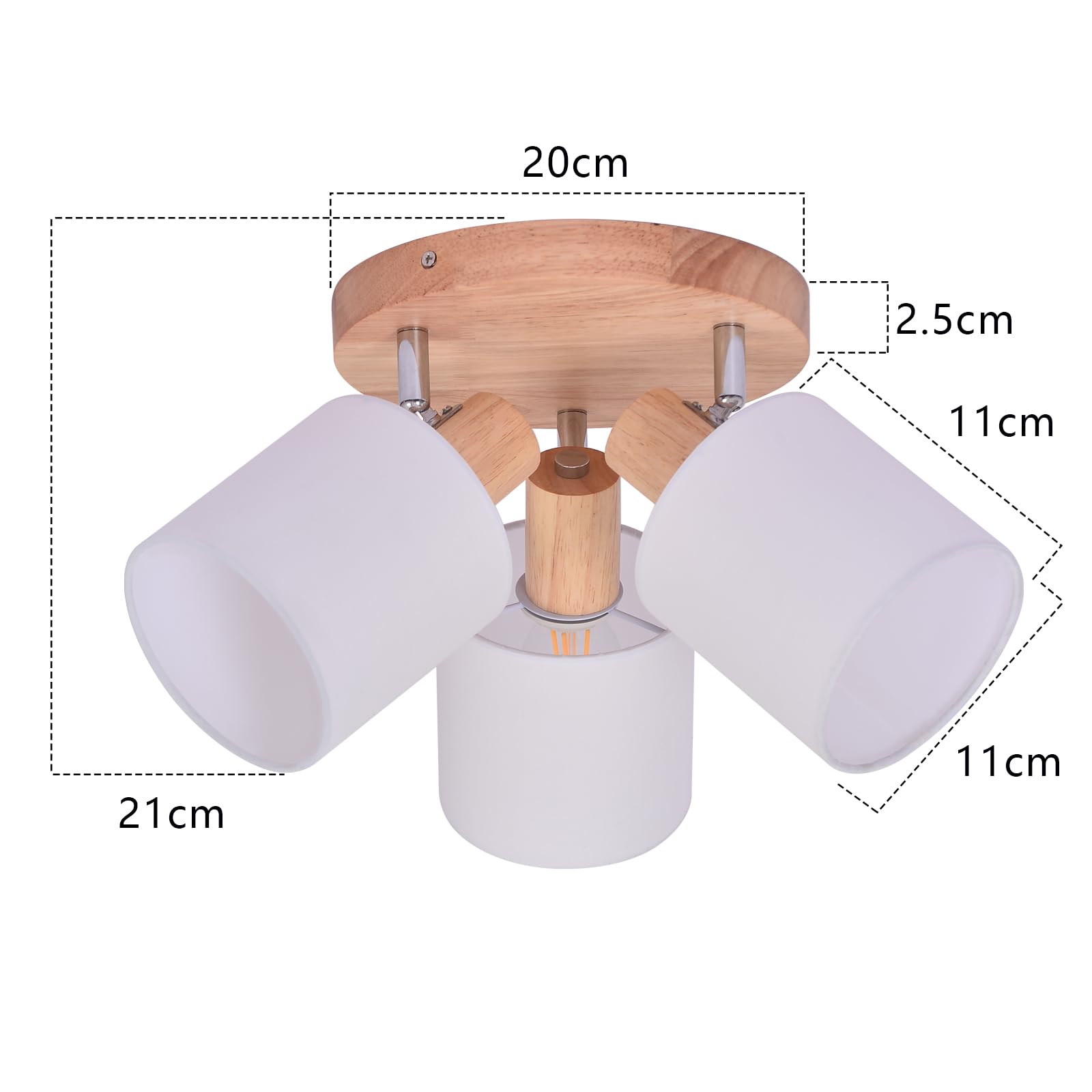 Glitzerlife Lámpara de techo Madera 3 Focos de Techo Redondo E14 Retro | Giratorios Interior Iluminación Foco de Pared con Pantalla de Luz para Dormitorio Salón Cocina Pasillo (Sin Bombilla)