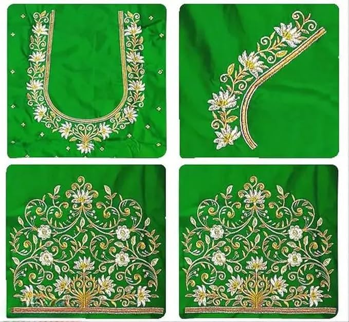 Handcrafted Floral Embroidered Neckline Design, Green Blouse Fabric with Gold Thread Work, Traditional Indian Pattern-picture-30