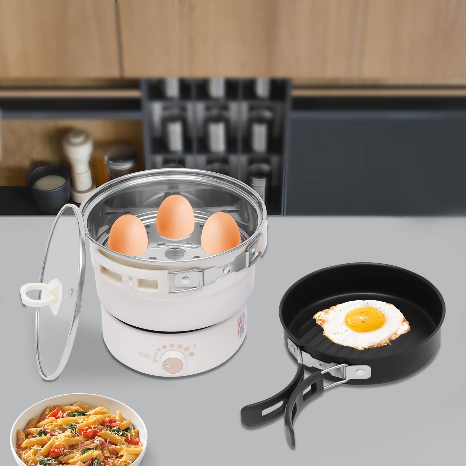 Electric Hot Pot, 110V Folding Portable Multi-Functional Non-Stick Split Electric Hot Pot, Travel Crock Pot, Mini Crock Pot with Power Adjustment for Pasta, Soups, Steaks and Vegetables (White)