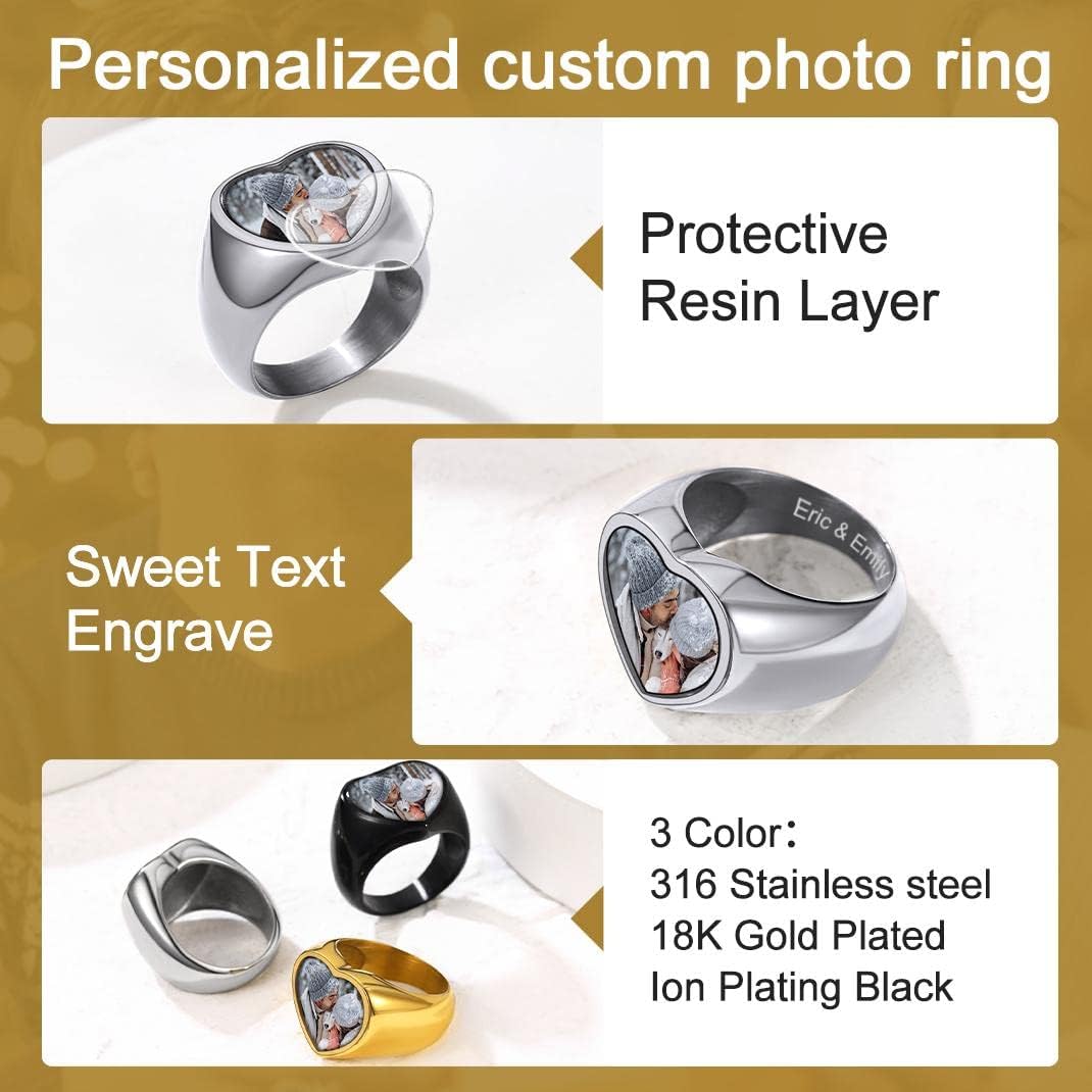 GOLDCHIC JEWELRY Custom Photo Rings for Men/Women, Stainless Steel Personalized Picture Engraved Bold Square Oval Heart Statement Ring in Black/Silver/Gold Color, with Gift Box (Size 7-14)