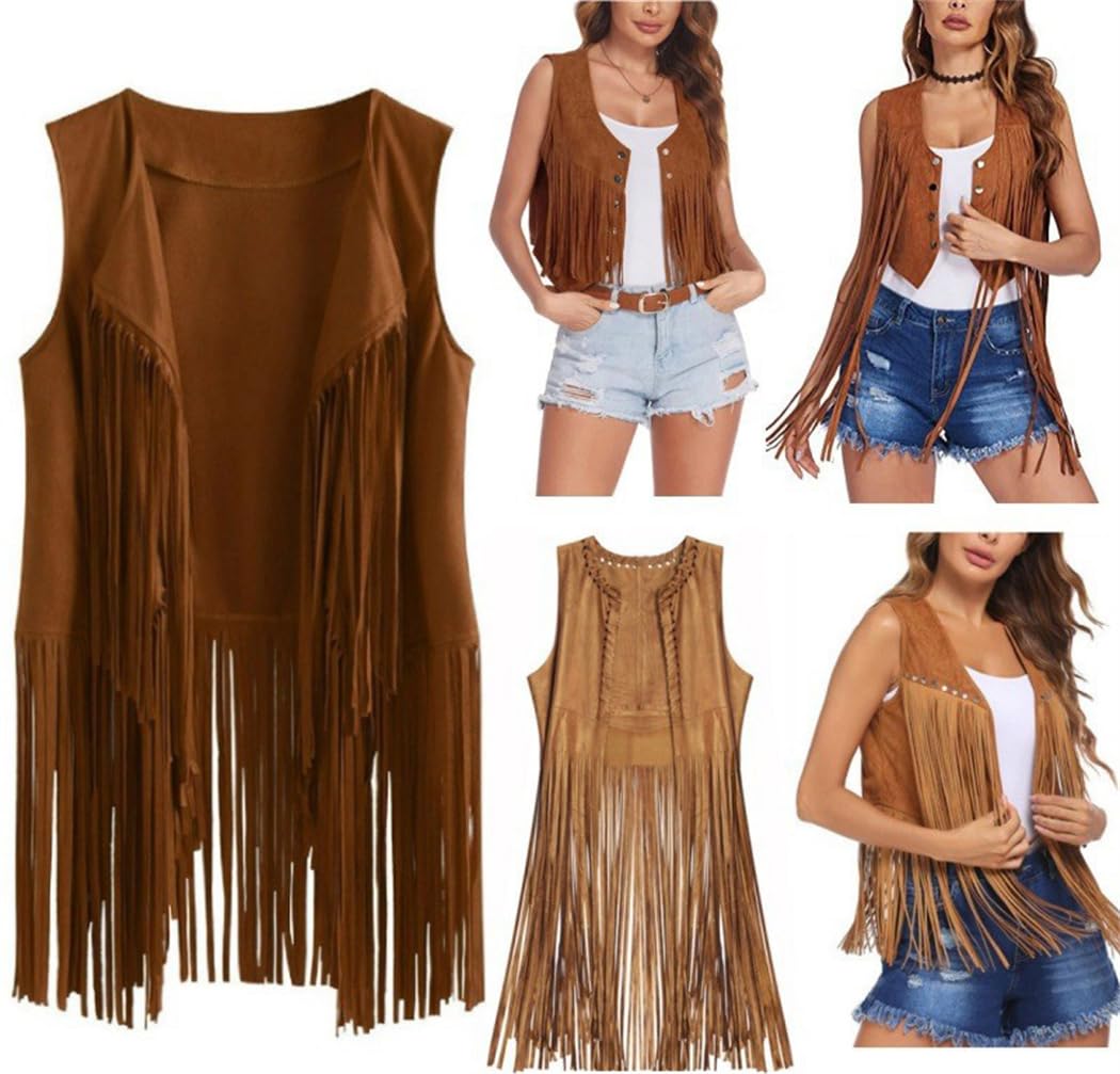Gilet con Frange da Donna e Bottoni Anni 70 in Pelle Scamosciata Sintetica Monocolore Senza Maniche Estivo Elegante con Scollo a U Boho Gilet per il Tempo Libero Hippie Streetwear