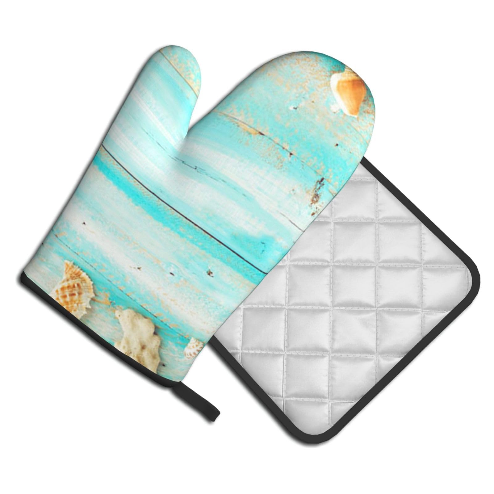 Oven Mitts and Pot Holders Set of 2 Pcs, Tropical Beach Seaside Printed Heat Resistant Kitchen Gloves Potholders for Cooking Baking Grilling
