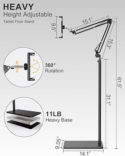 Miniatura 4 de Soporte de suelo para tablet con base estable de 11 libras y abrazadera de escritorio, brazo giratorio de altura ajustable, compatible con iPhone,