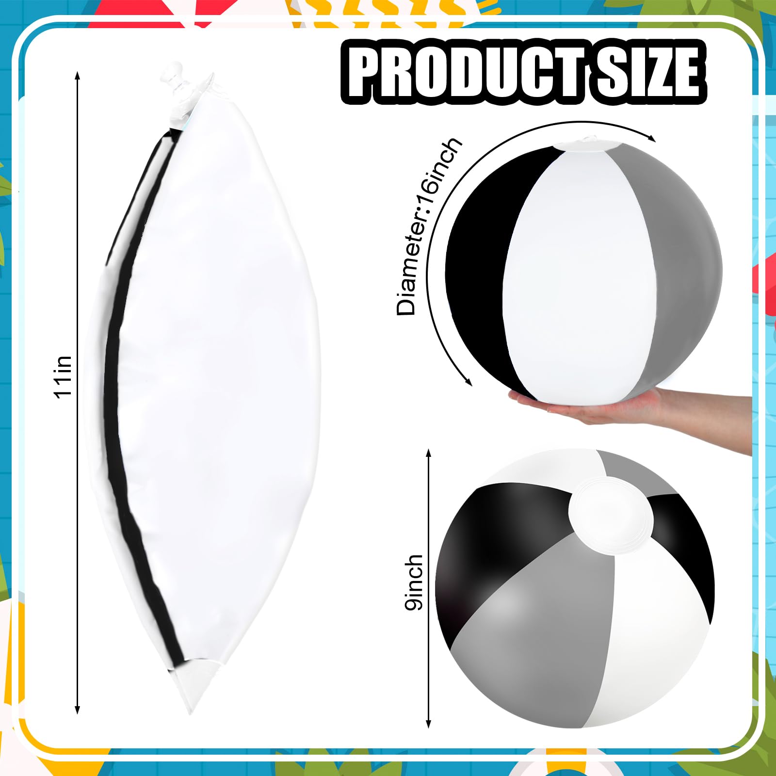 Whaline 3Pcs Inflatable Beach Ball 16 Inch Round Pool PVC Balls Cute Game Toys for Summer Hawaiian Tropical Theme Beach Party Decor (Black Gray)