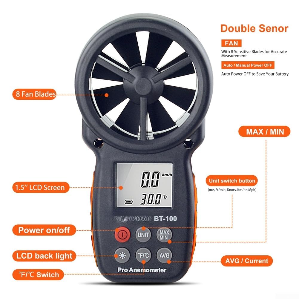 Medidor de viento portátil BT100 de temperatura -10 a 45 °C