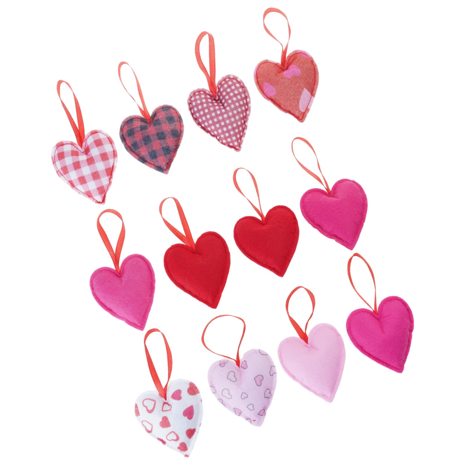 12Pcs Valentines Day Checkered Fabric Wrapped Heart Hanging Charm Ornaments for Romantics Home Decors and Weddings Party Gift Wrapping Heart Accent