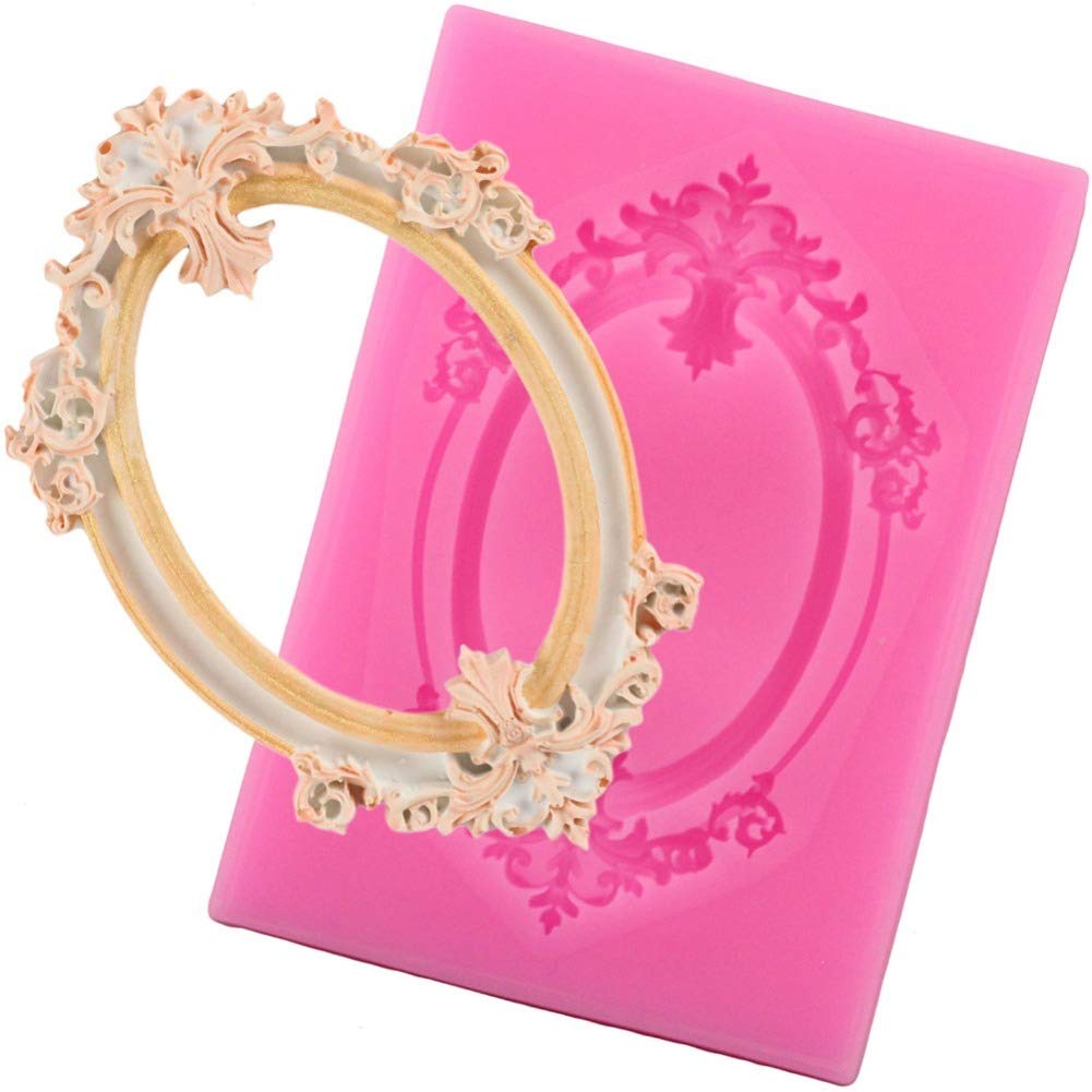 Casecover Pink Oval Vintage Photo Frame Fondant Mould, Flower Lace Silicone Moulds Diy Sugarcraft Cake Decorating Tools Chocolate Baking Moulds