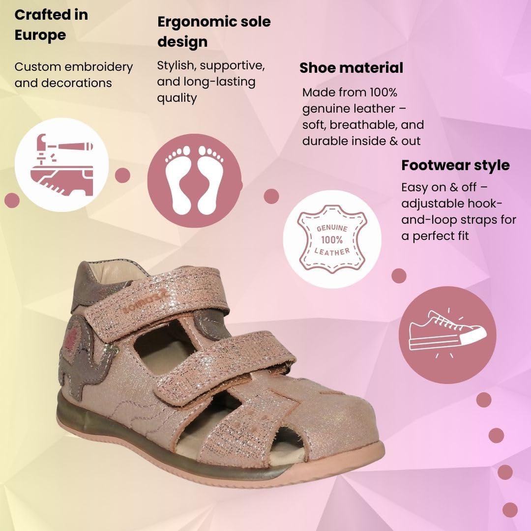 Kids Girls' Closed-Toe Sandals – Genuine Leather, Ergonomic Sole, Adjustable Hook & Loop Straps, Pink/Silver with Elephant Design