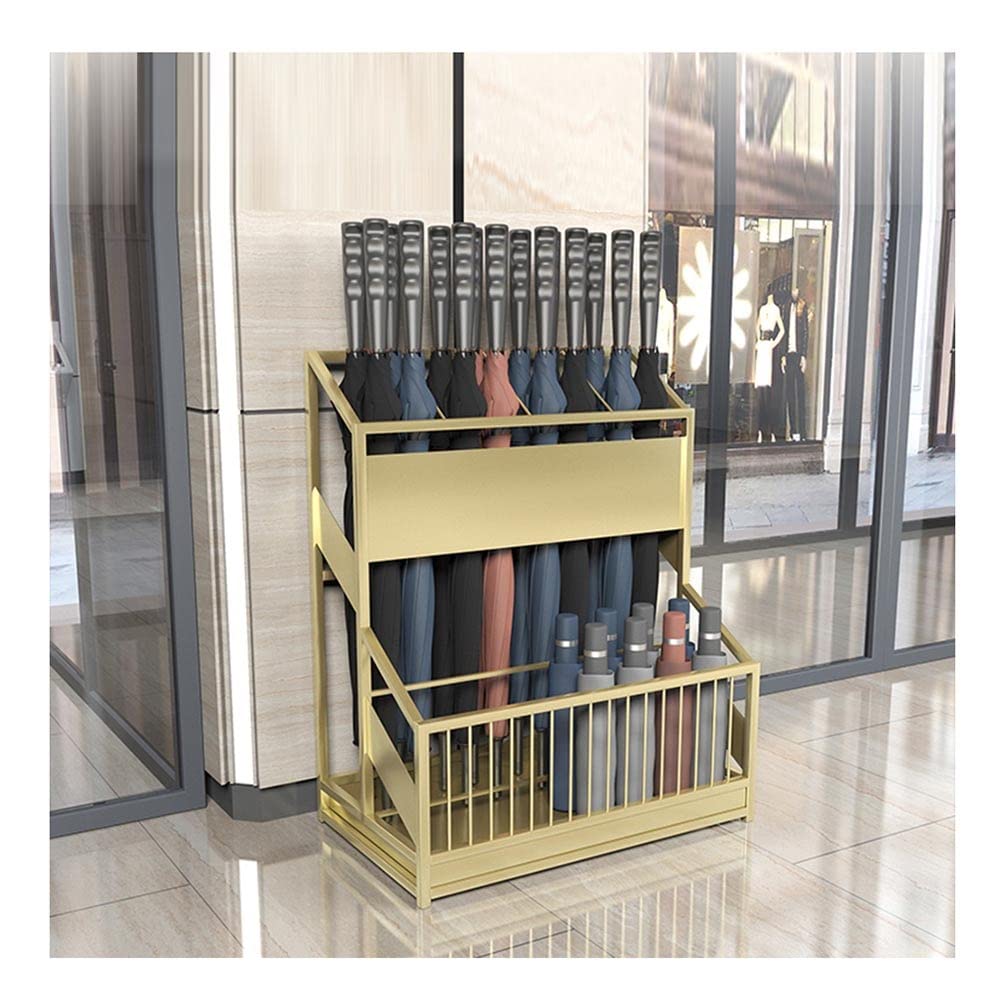 WQPMNYG Large Metal Umbrella Stand Rack with Drip Tray - Commercial Umbrella Holder for 30-50 Umbrellas Stylish Gold Design for Hallway Entry nization (48x27x58cm)