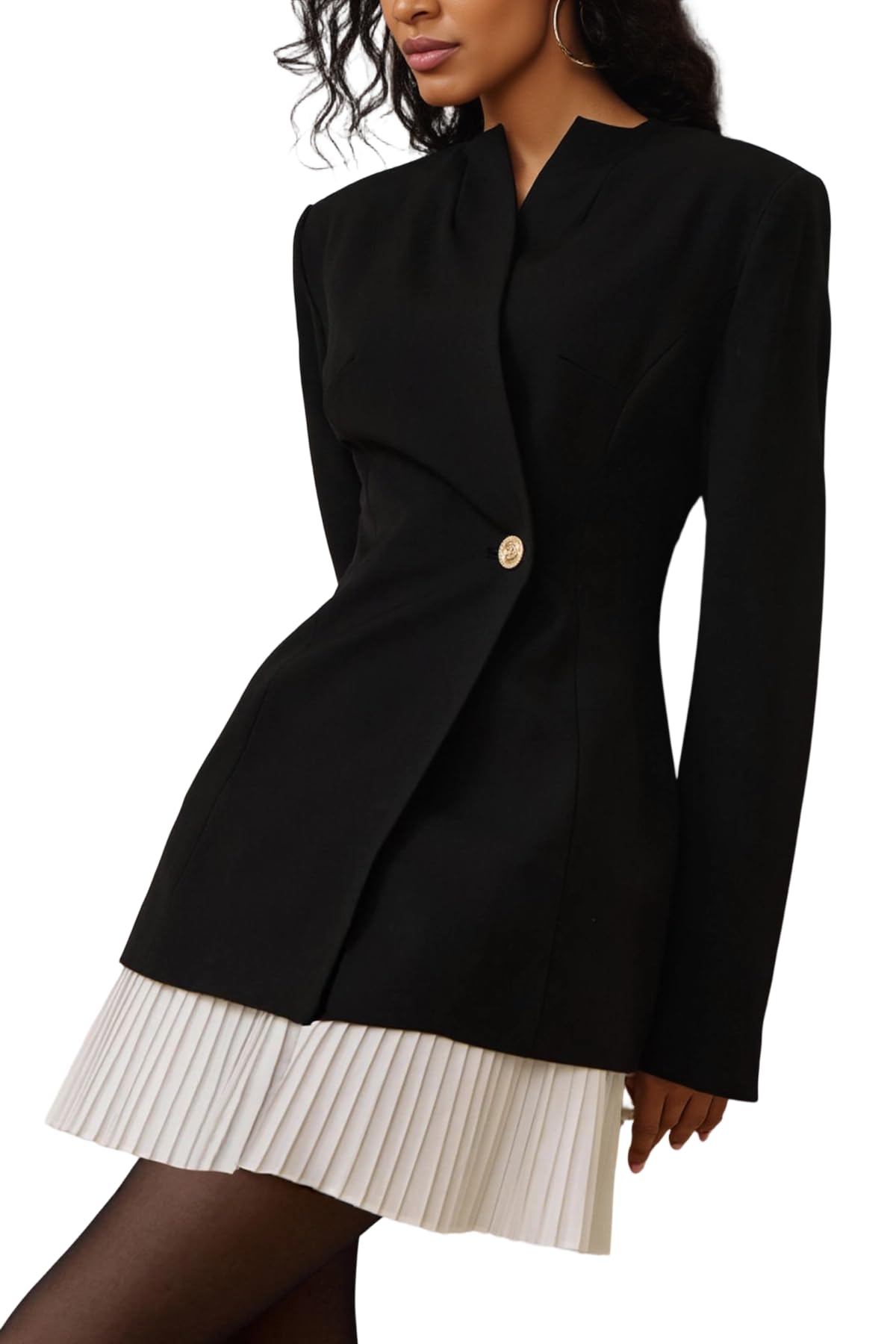 Vakkest Elegant Blazers Dress for Women Long Sleeve V-Neck Button A-Line Pleated Mini Dresses Business Work Jacket Suit