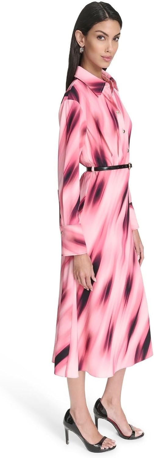 Halston Women's Long Sleeve Abstract Print Maxi Belted Shirt Dress