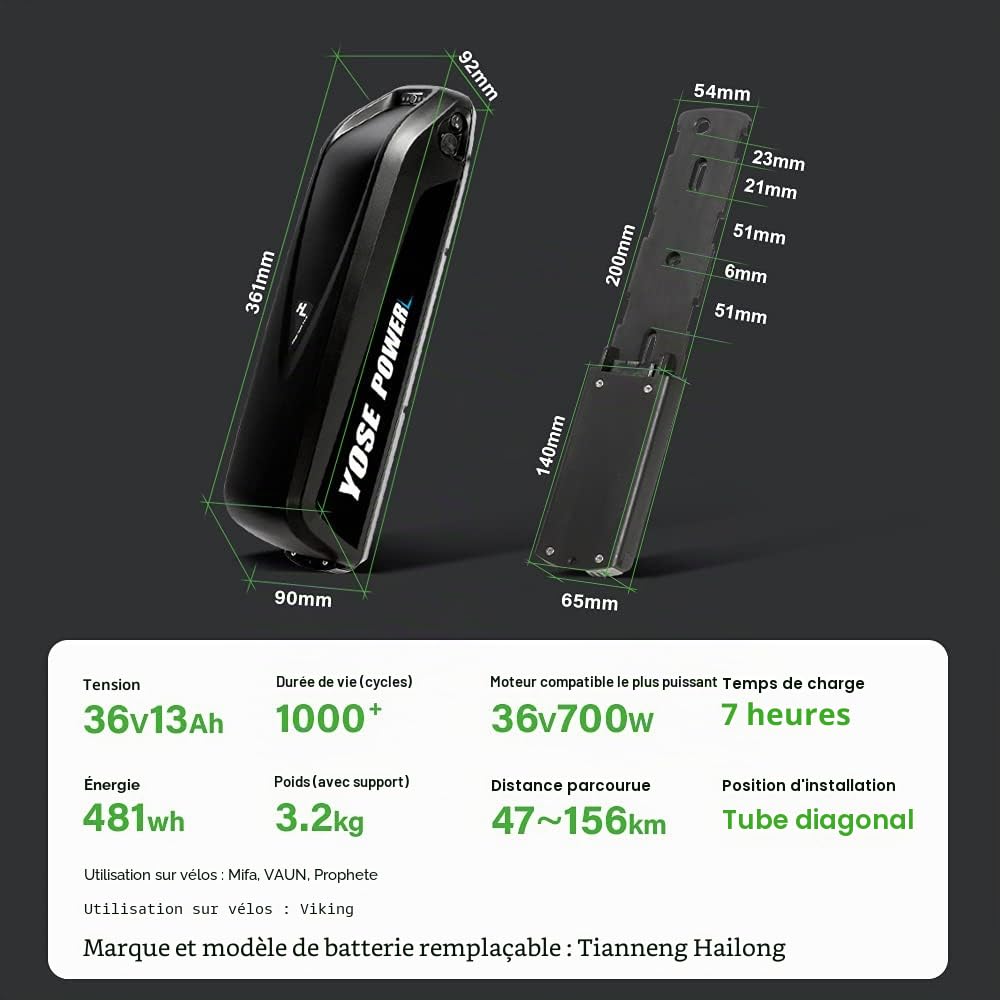 YOSE POWER Hailong Batterie de vélo électrique 36V pour Moteur 250W / 350W /500W Tube inférieur pour Mifa Vaun Prophete