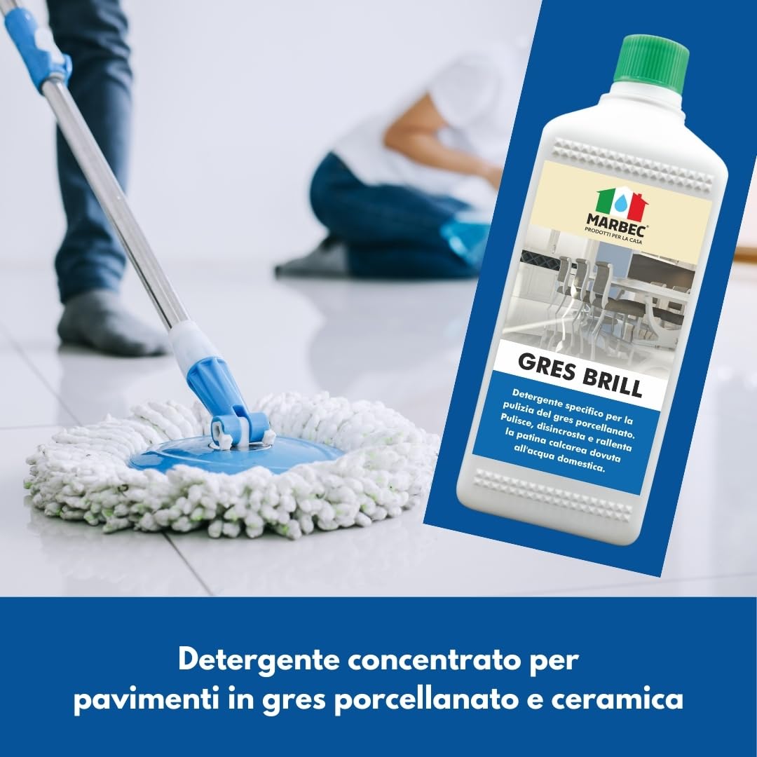 MARBEC GRES BRILL 1LT Detergente specifico per la pulizia del gres porcellanato. Pulisce, disincrosta e rallenta la patina calcarea dovuta all'acqua domestica.