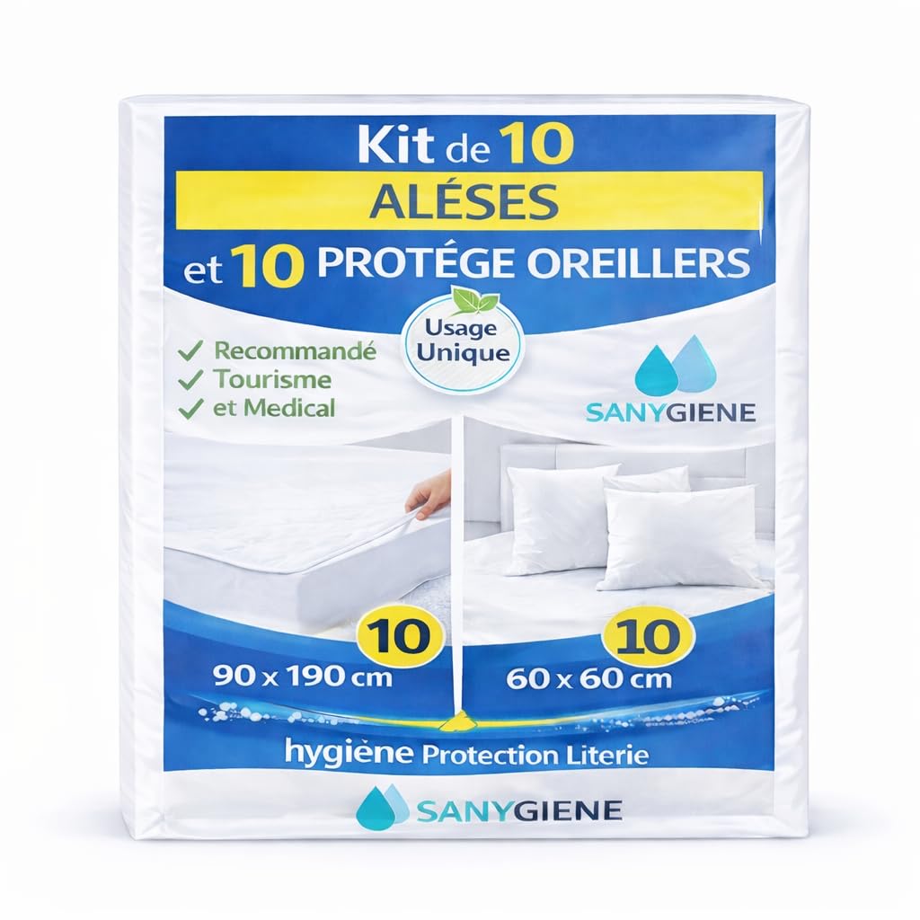 Kit Protège Literie Jetable 90X190 cm | 10 Alèses Plateau 90x190 cm et 10 Protège Oreillers | Usage Unique | Pack Eco Tourisme et Médical