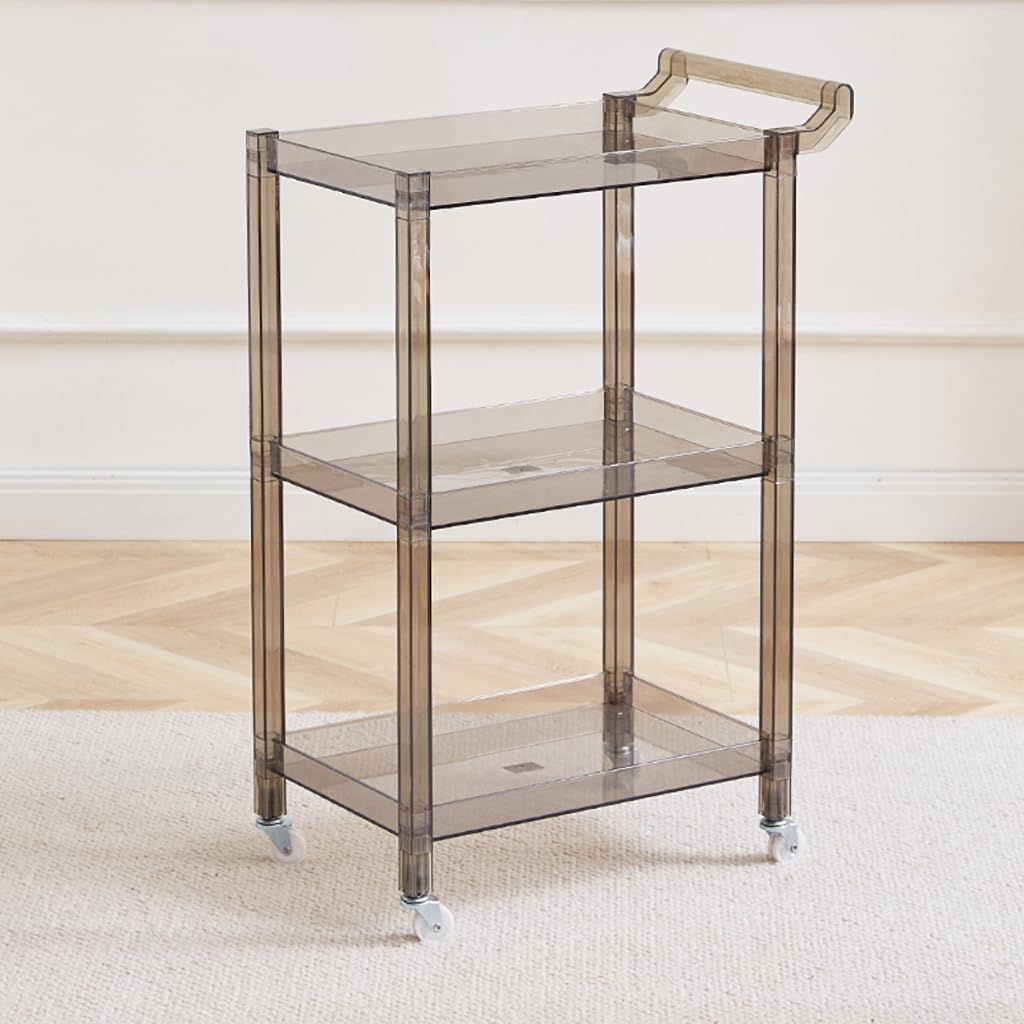 Carrello a 3 livelli in acrilico con manico e 4 ruote, trasparente, per cucina, soggiorno, sala da pranzo, lavanderia, salvaspazio, multifunzione, 75 cm di altezza, grigio