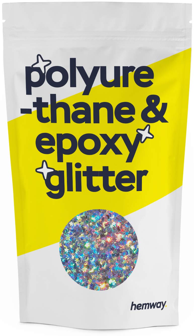 Hemway Polyurethane & Epoxy Glitter - Silver Holographic Stars & Moons | 100g Shaped Metallic Flake Sequins for Resin Crafts | Craft Supplies for Tumblers, Candles, Glass & Floor Art Decoration