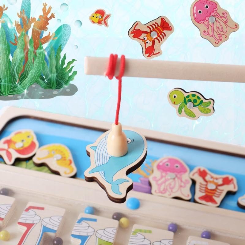 Image of Wooden Magnetic Fishing Toy for Kids, Montessori Ocean Theme Color Matching and Counting Board, Educational Learning Game with Fishing Rod.