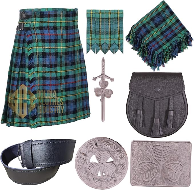 Goldia Clothes Industry Scottish Tartan Kilt Outfit – 8 Yards 16Oz Kilt with Accessories – Custom-Made in Various Tartans (Baillie Ancient)