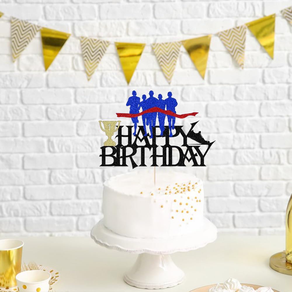 Glitter Sports Marathon Happy Birthday Cake Topper -Cheer to Marathon