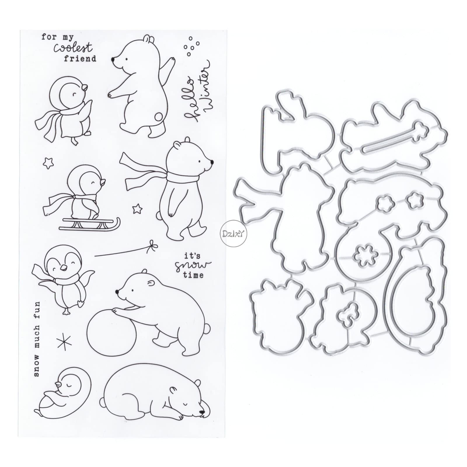 DzIxY Bear Penguins Clear Stamps and Metal Cutting Dies Sets for Card Making Scrapbooking Paper Supplies Seals Storage Pockets