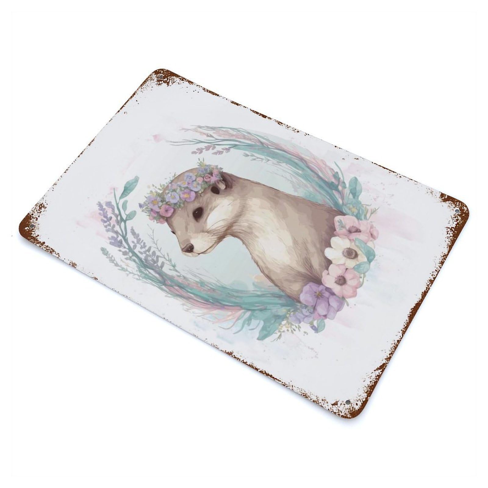 Retro Metal Sign with Floral Watercolor Otter Design 11.8"x7.9", for Living Room, Hallway And Home Decor, Farmhouse Wall Decor