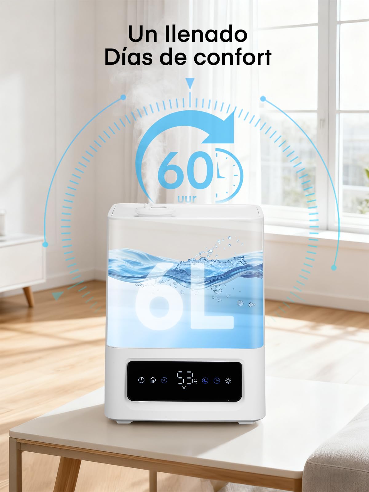 FOHERE Humidificador 6L, 60H Funcionamiento, 28dB Ultra Silencioso, para Habitaciones Grandes, Dormitorio, Bebé, Sensor Humedad, Temporizador 16H, Luz Nocturna, Difusor Aceites, Blanco