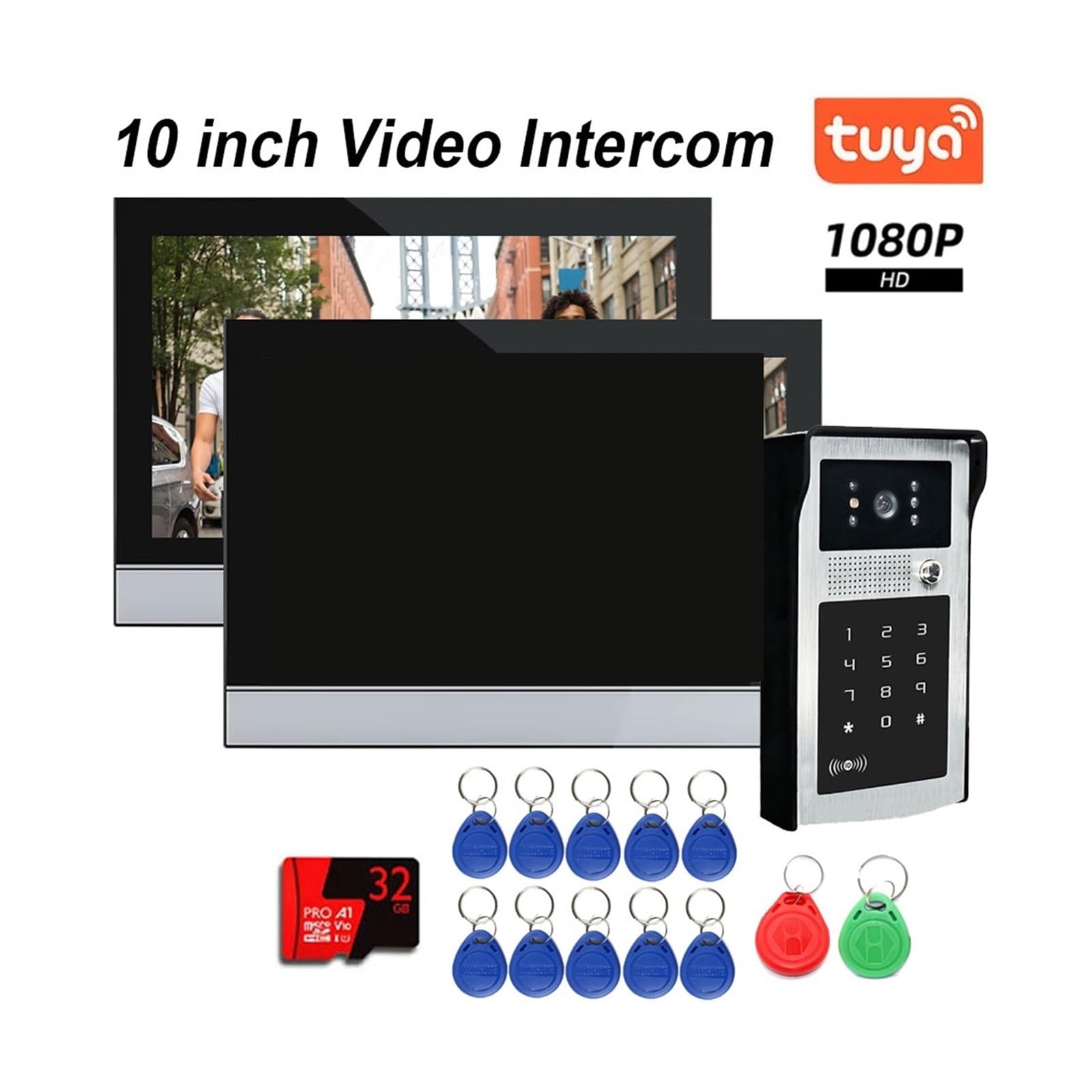 Wideodomofon, Tuya Wifi 1080P Wideodomofon 10'' Monitor dotykowy Kamera System bezpieczeństwa Hasło RFID(2v1 10inch 32G Card)