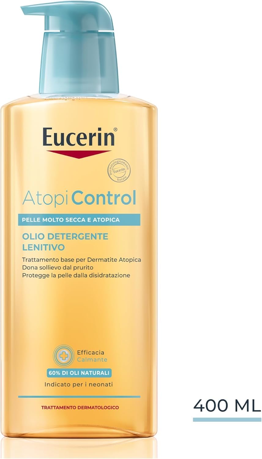 Eucerin Atopi Control Olio Detergente Lenitivo 400 ml, Olio detergente corpo per uso quotidiano, Docciaolio con 60% di oli naturali per pelle secca, irritata e con dermatite atopica