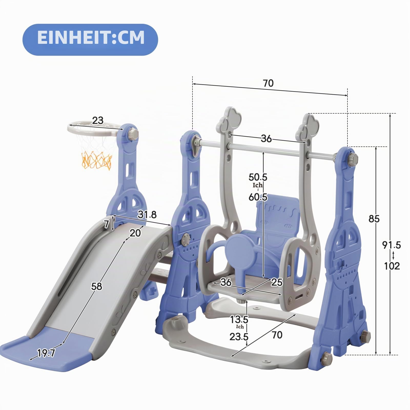 Kinderrutsche Outdoor 4-in-1,Multifunktionale Kinder Rutsche mit Schaukel,Basketballkorb und Kletterleiter,Freistehende Rutschen Für Kinder,Ideal für drinnen und draußen (Blau)