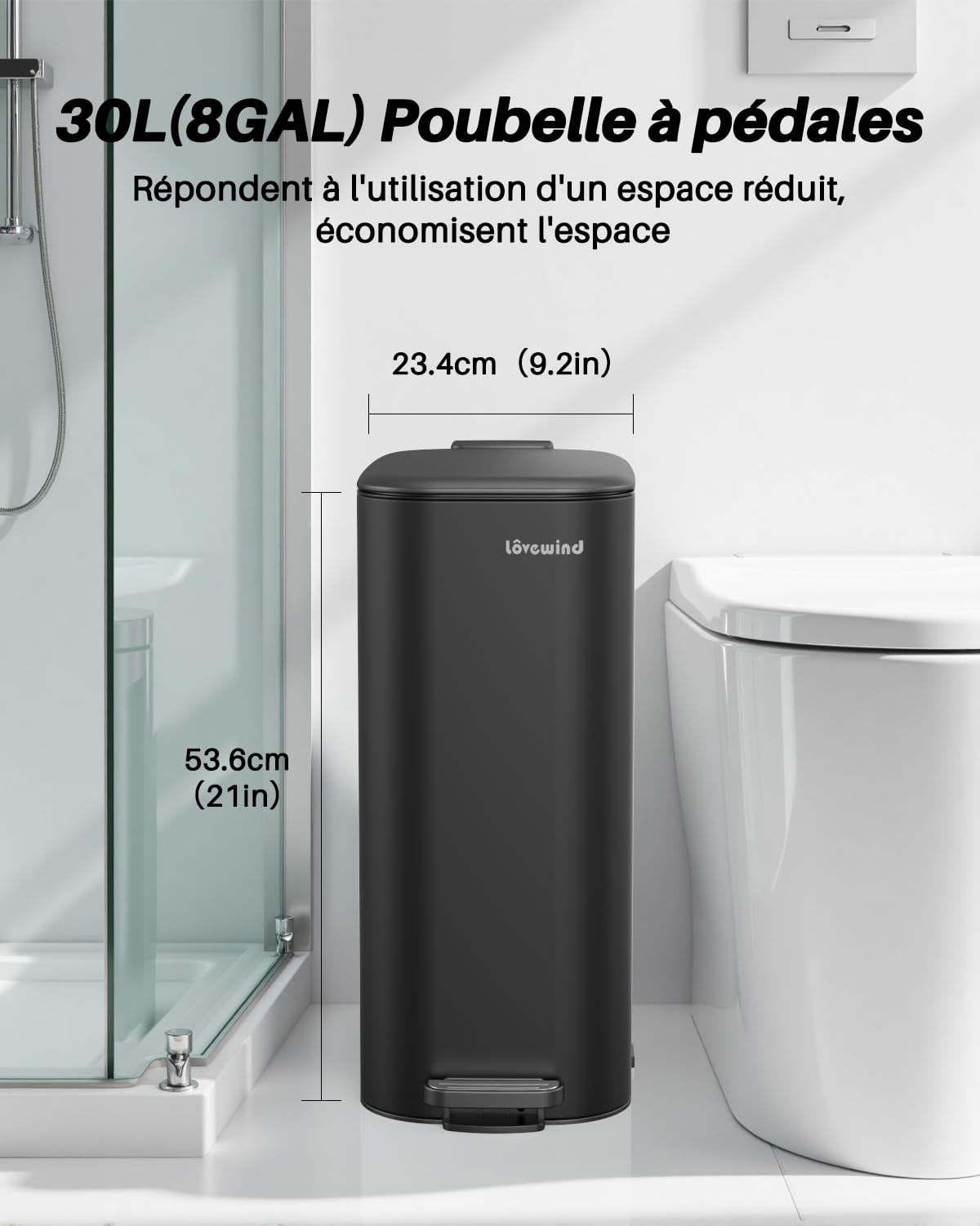Lovewind Poubelle Cuisine, Poubelle 30 L,Poubelle de Cuisine en Acier, avec Seau Intérieur, Fermeture Douce et Maintien en Ouverture, Bureau