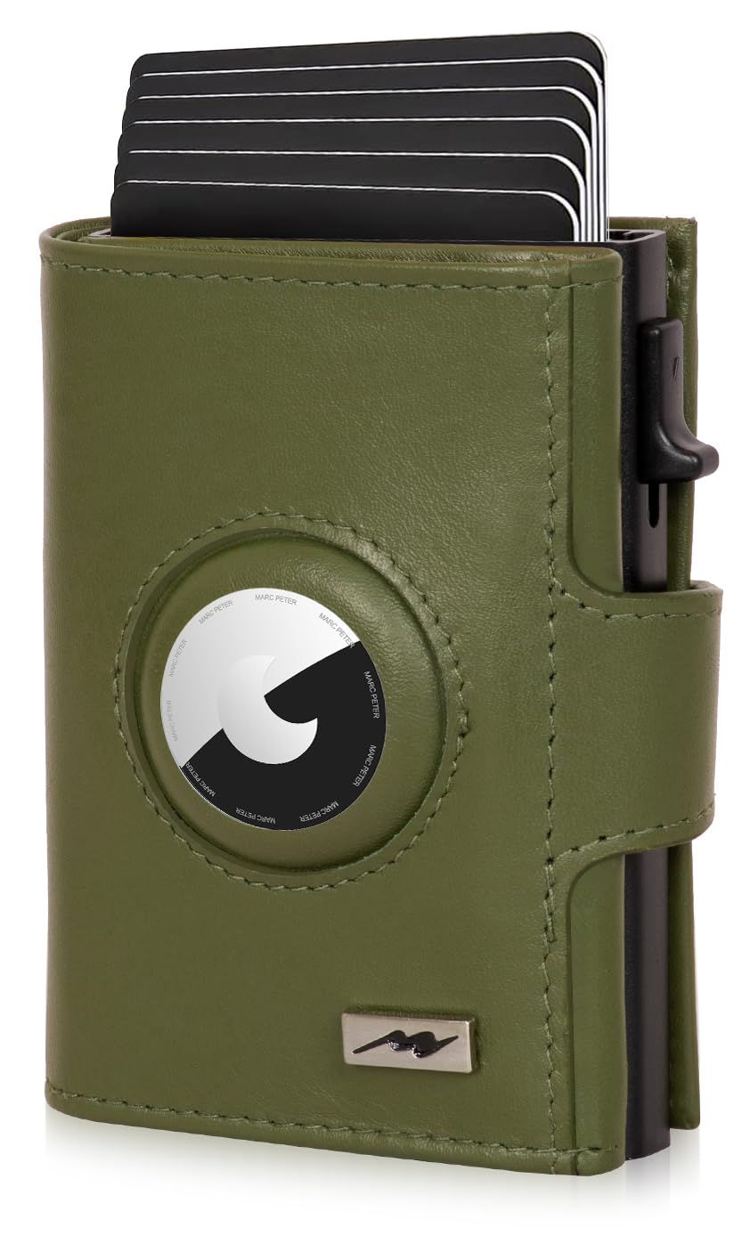 Marc Peter® Chicago Leder Push Air Slim Wallet - Airtag Geldbörse mit Münzfach - RFID Schutz kleines Mini Portmonee Leder Grün