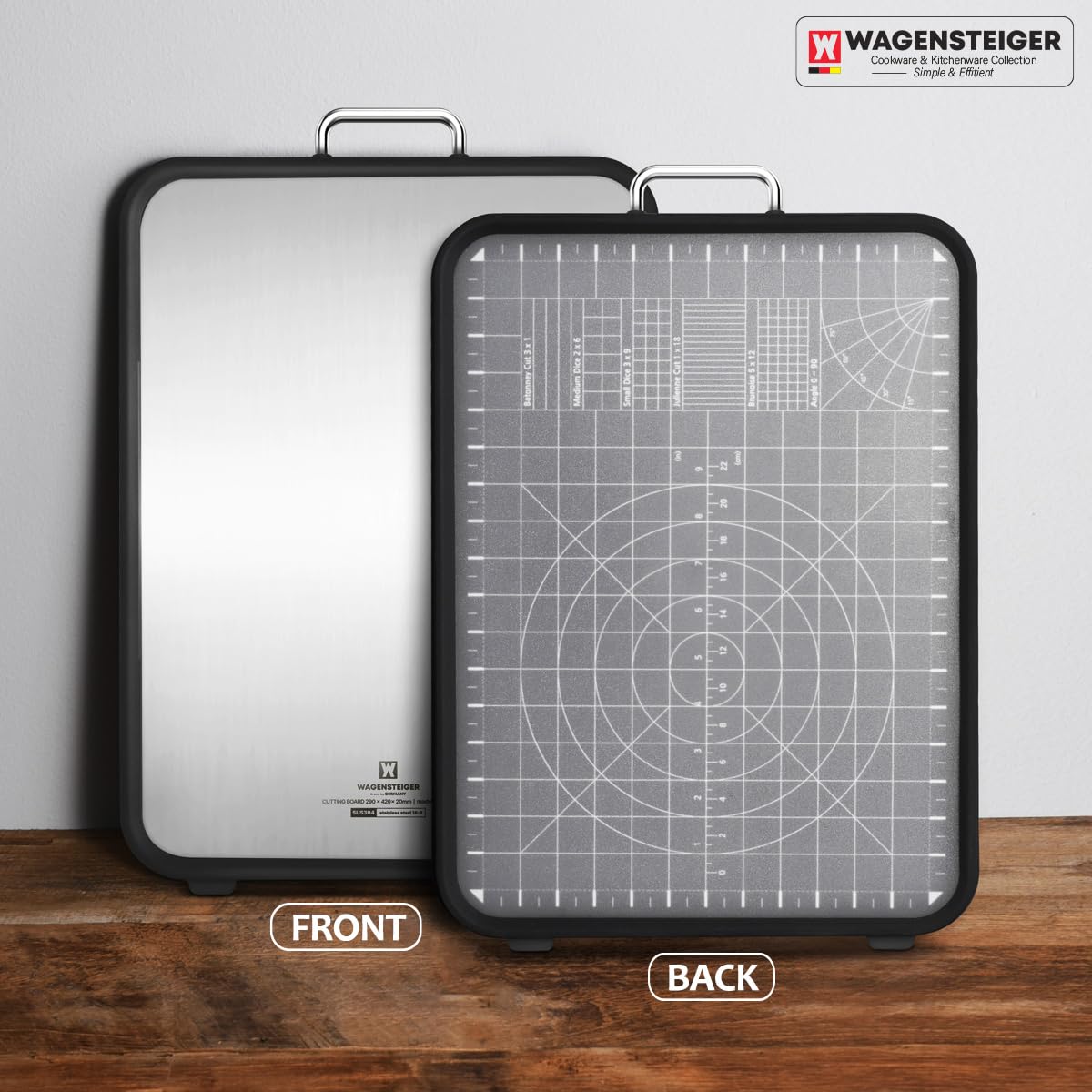 WAGENSTEIGER Tabla de cortar de doble cara de acero inoxidable, tabla de cortar, lado de tabla de metal y lado de tablero de plástico con paja de trigo en el interior, fácil de limpiar, diseñada para