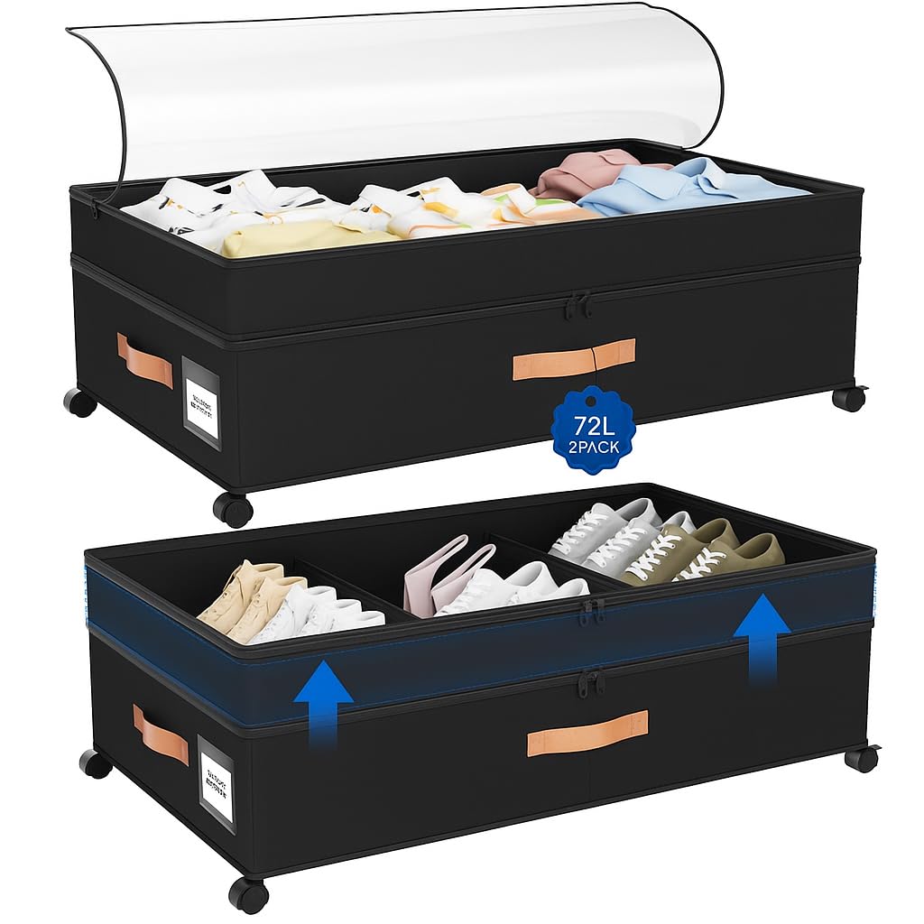 Almacenamiento debajo de la cama con ruedas, paquete de 2 cajones de almacenamiento XXL de 72 L, organizadores de armario ajustables de 10 pulgadas de alto con tapa, cajas grandes debajo de la