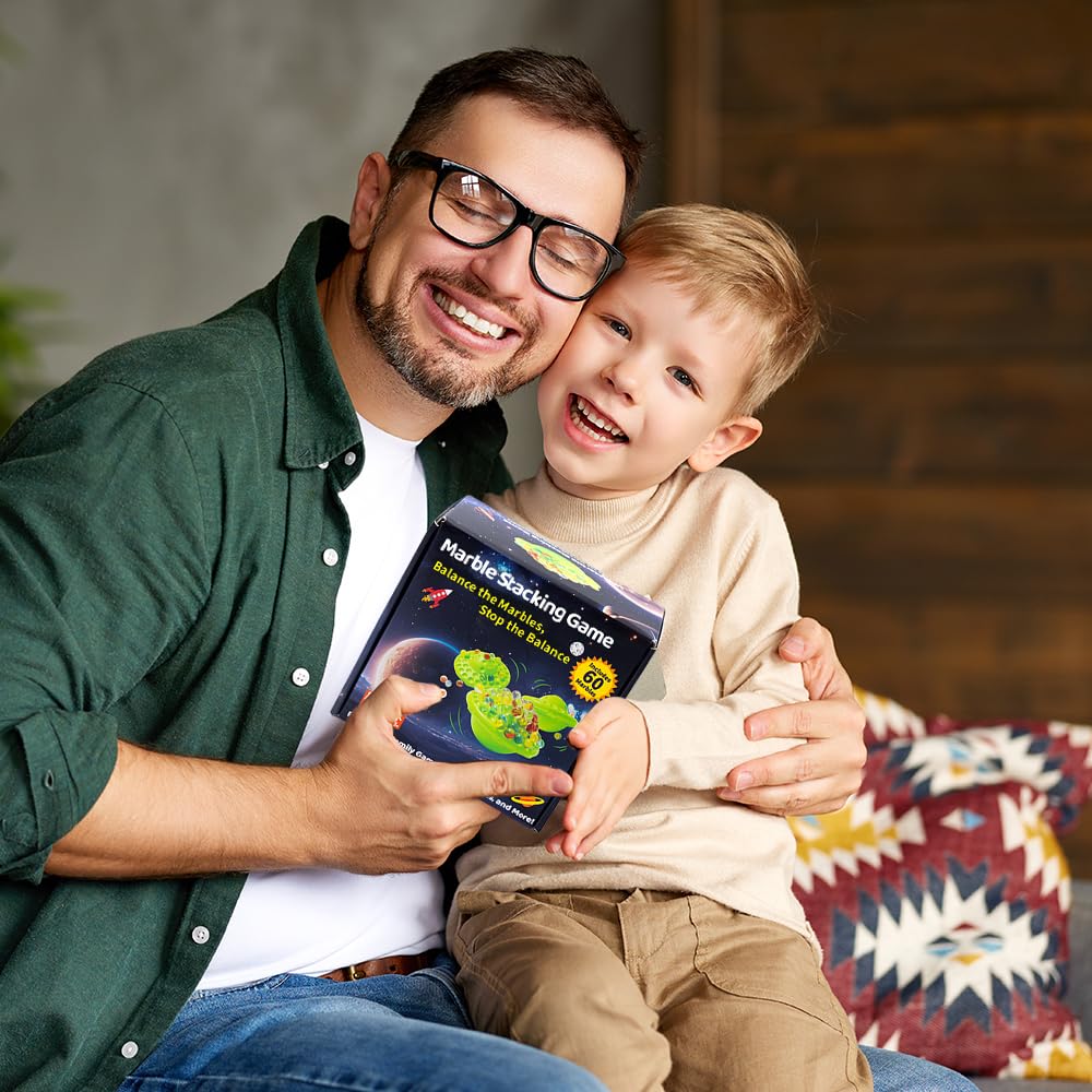 Gioco di biglie per bambini e adulti – 60 biglie di vetro colorate con base instabile e contenitore – Giochi di abilità famigliare da 1 a 4 giocatori