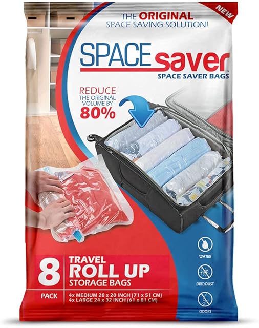 Spacesaver Premium Roll-up Storage Bags for Max Space Saving! 80% More Storage! No Pump or Vacuum Needed - Perfect for traveling! (Travel 8 Pack)