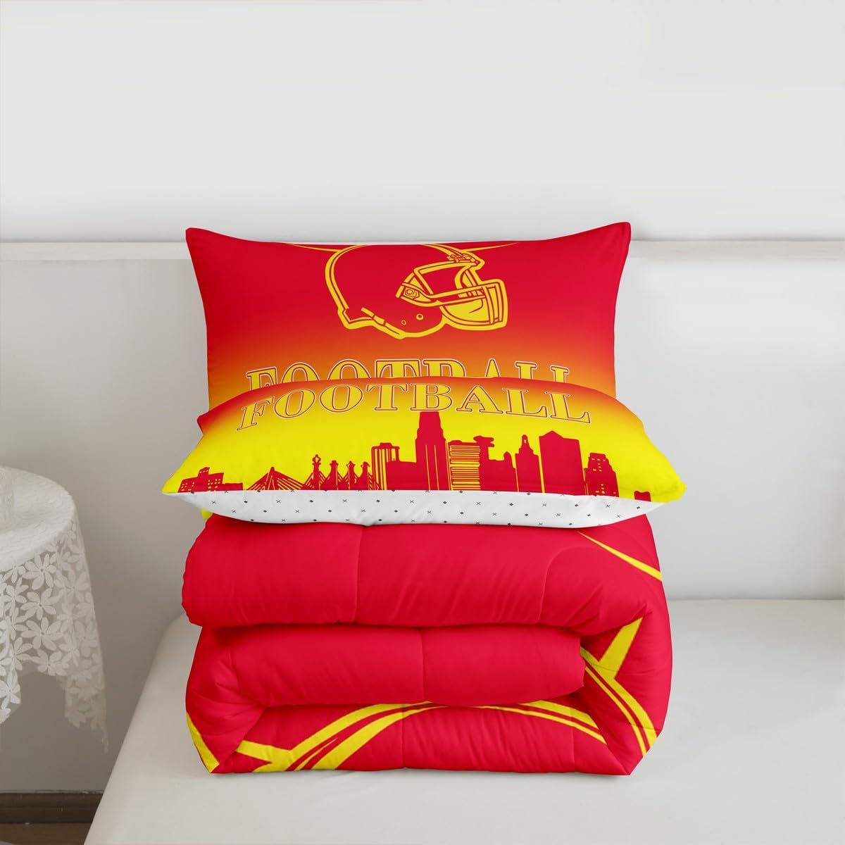 Feelyou Football Bedding Set Boys Girls Full Size Women Men Football City Comforter Rugby Sports Duvet Quilt Red Yellow Room Decor