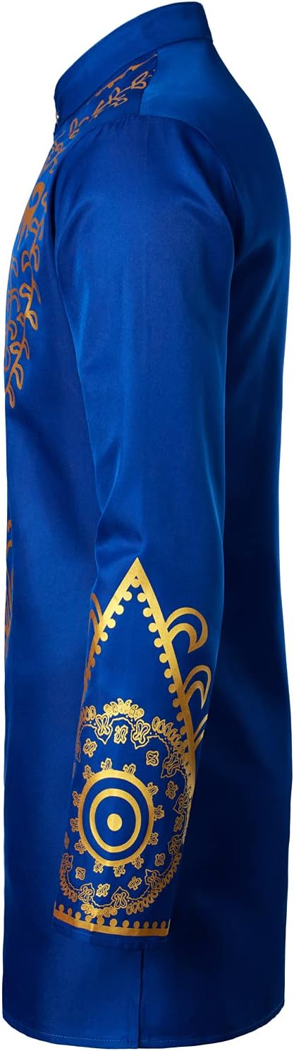 LucMatton Men's African Attire 2 Piece Set Gold Foil Print Mandarin Collar Long Sleeve Shirt and Pants Suit Dashiki Outfit - Image 3