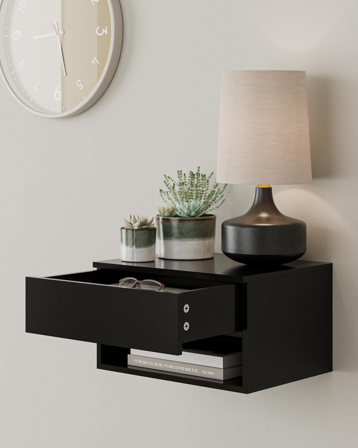 HEYZOEY Comodino galleggiante, tavolino moderno, comodino piccolo pensile con cassetto, mensole sospese per camera da letto, bagno, nero