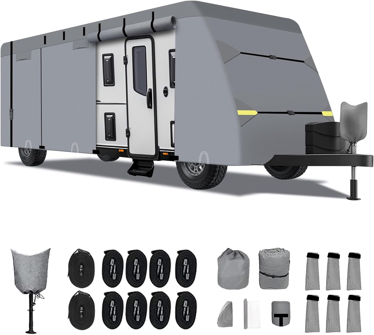 Travel Trailer RV Cover 7 Layers Top Heavy Duty Camper Cover 16'-18' Windproof Waterproof Anti-UV Ripstop with 8Pcs Extra Straps & Tongue Jack Cover