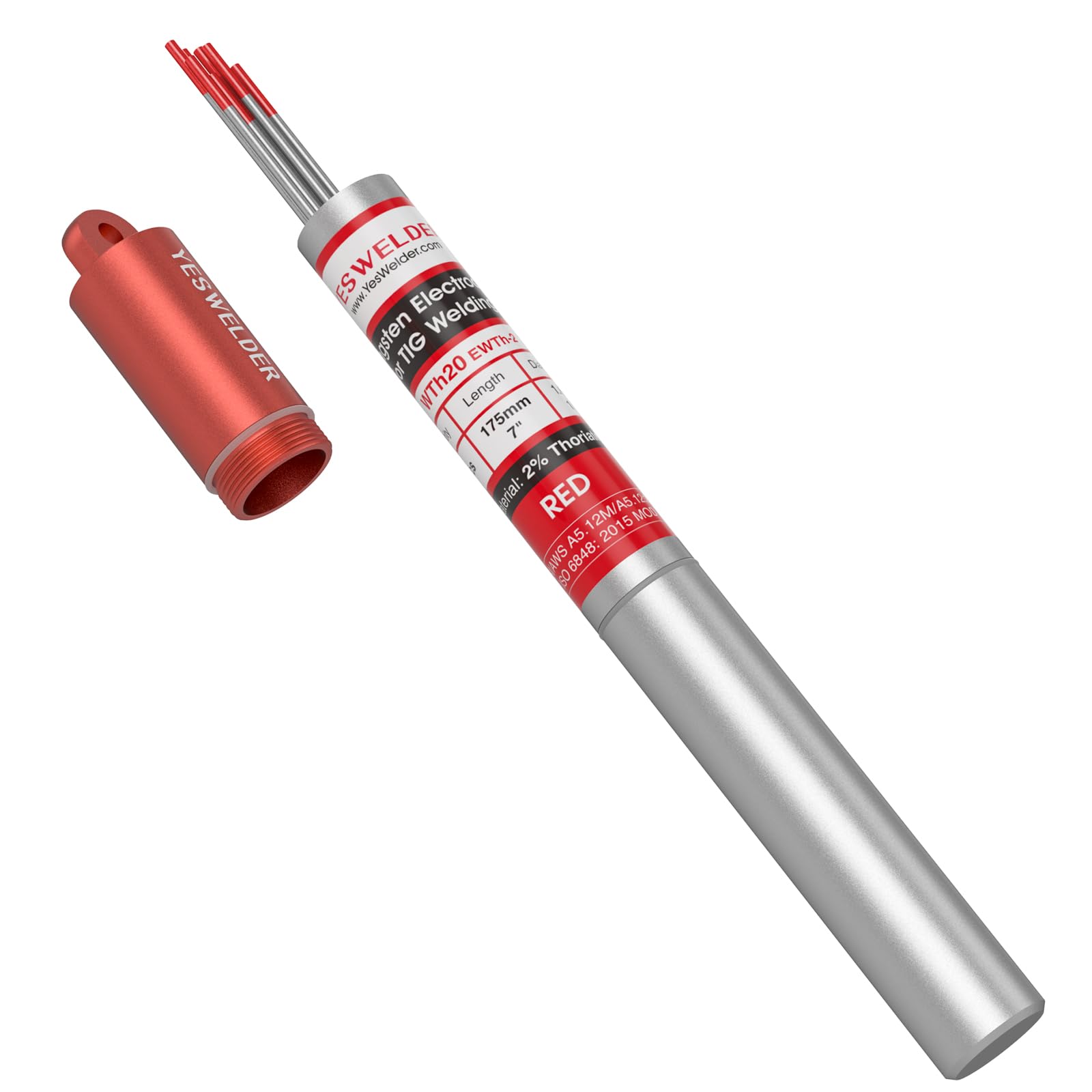 YESWELDER TIG Welding Tungsten Electrode Red Tip 1/16" x 7" (Red, WT20/EWTh-2) 10-pk