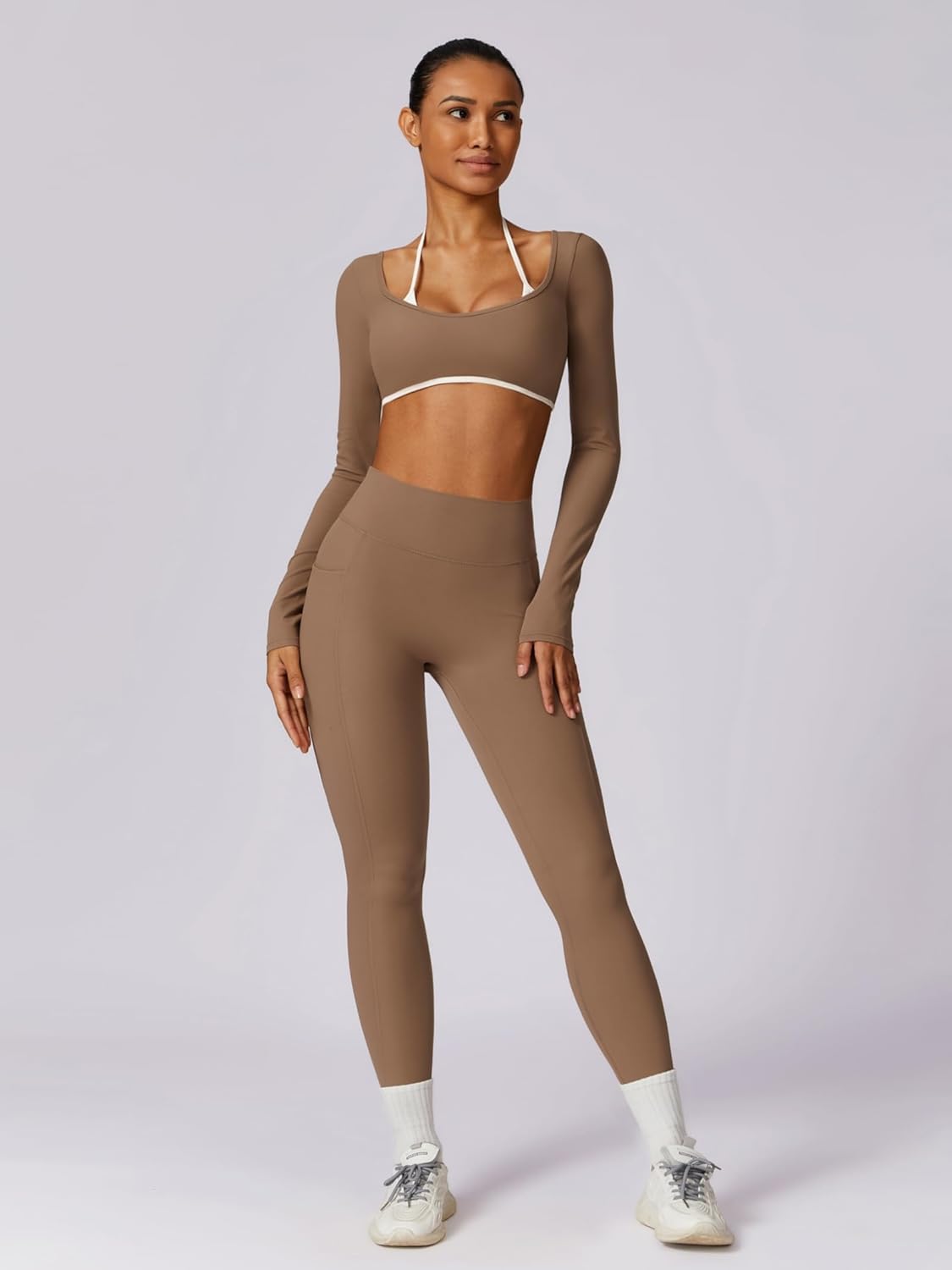 ABOCIW Workout Sets for Women Long Sleeve Crop Top Scrunch Butt Lifting High Waist Leggings with Pockets 2 Piece Outfits - Image 3