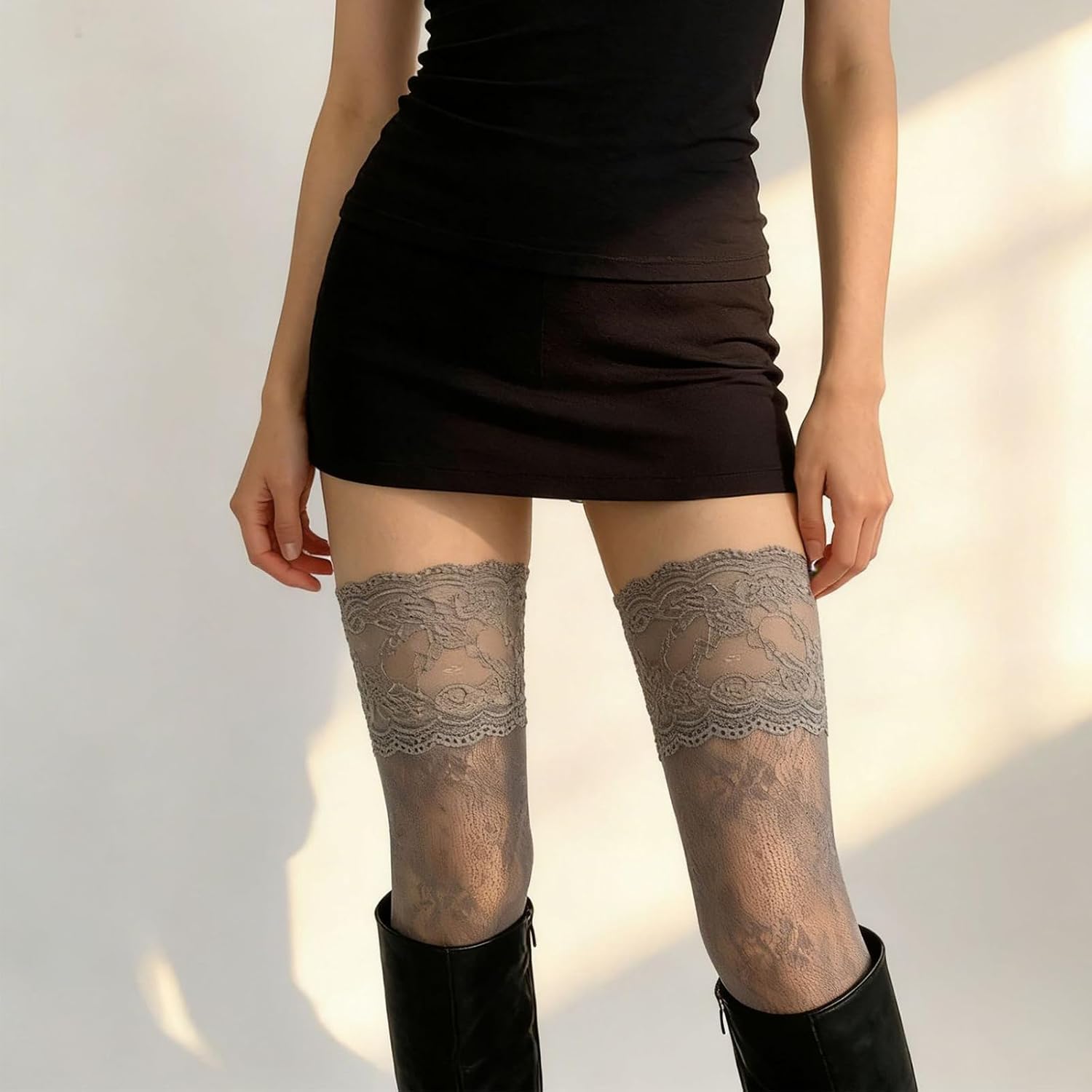 Women's Lace Thigh High Socks with Trim Mid-Calf Floral Pattern Stocking for Girls