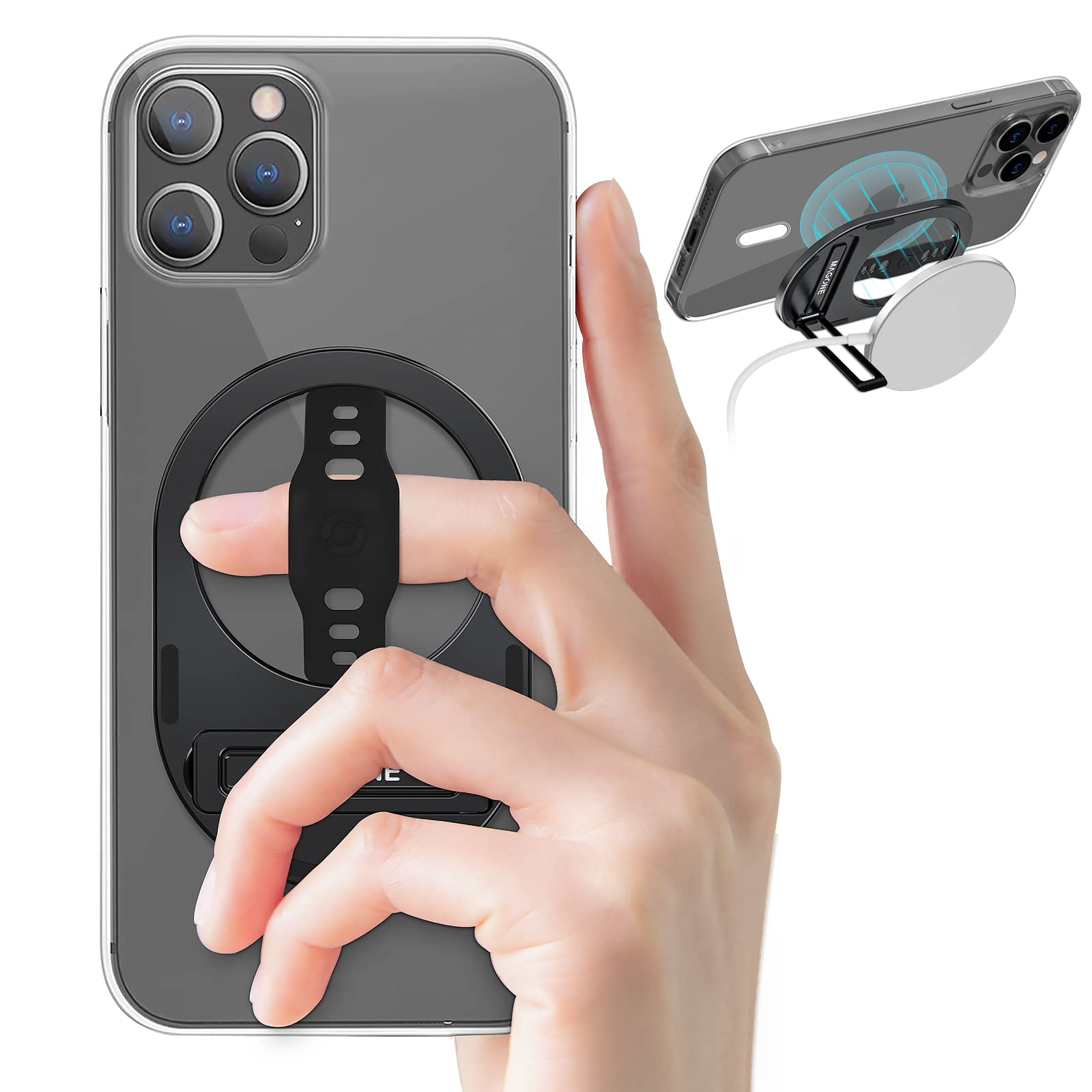 EWA The MagOne Plus Compatible with MagSafe Phone Grip Stand with Silicone Finger Strap, Removable Magnetic Holder Kickstand, Strong Magnets Stick to Metal, Only for iPhone 14, 13, 12 Pro/Max/Plus