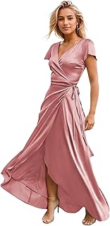 Silk Satin Bridesmaid Dresses for Women Warp Cap Sleeves Long Wedding Guest Prom Gown with Slit - Buy now