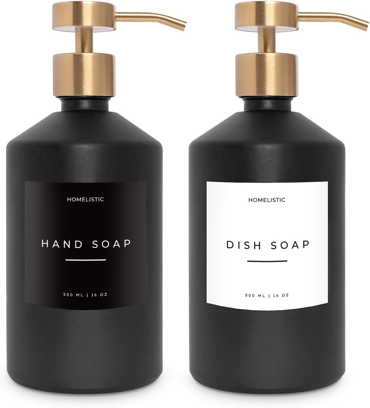 Matte Black Glass Soap Dispenser Set with Champagne Gold Pump – 16oz Refillable Kitchen & Bathroom Soap Dispensers (2 Pack) Rust-Resistant Stainless Steel Pumps, 48 Labels