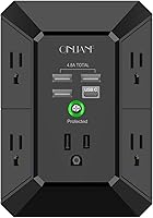Vista 12 de QINLIANF cargador USB de pared, protector contra sobrecargas, extensor de 5 tomas con 4 puertos de carga USB (4.8 A en total), 3 lados, 1,680 J
